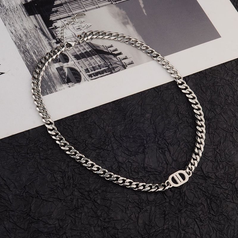 Double D Stainless Steel Cuban Link Chain Necklace Men Silver