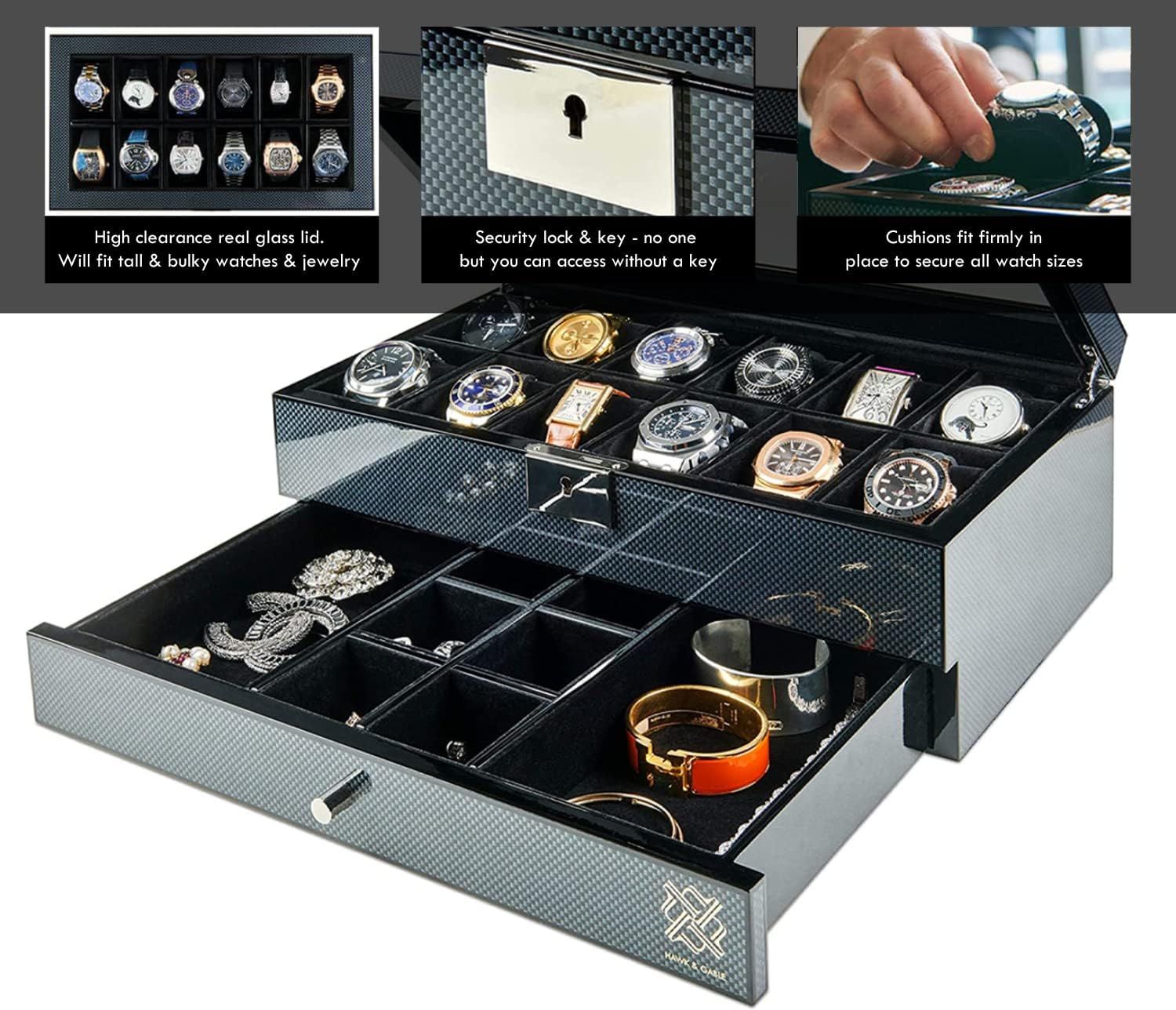 HAWK GABLE Luxury 12 Slot Watch Box Organizer with Valet Drawer