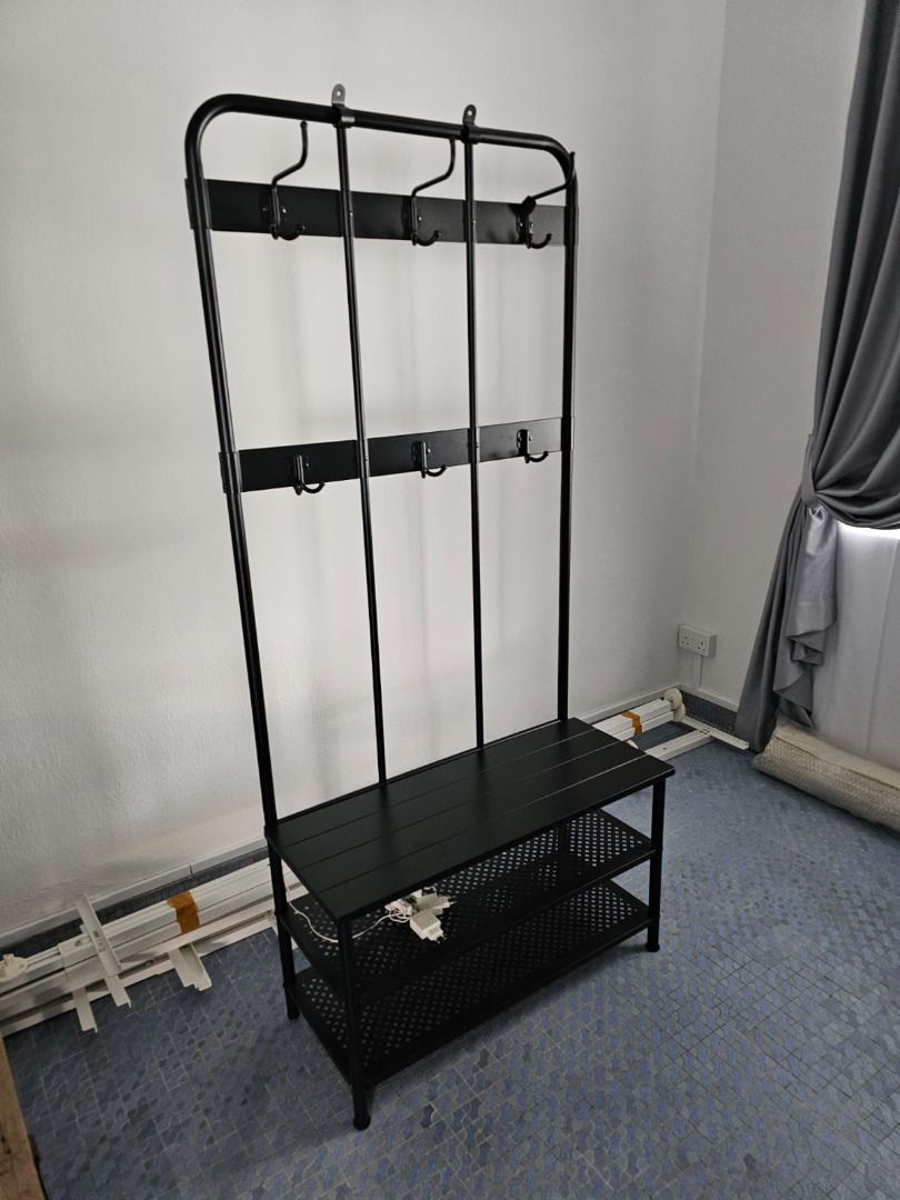 PINNIG Coat rack with shoe storage bench, black - IKEA