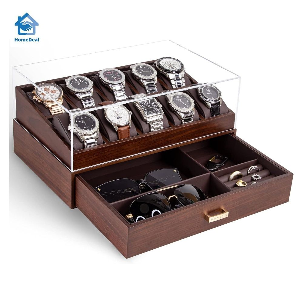 KAMIER 10 Slots Watch Box Case Organizer Display for Men Two Tier Wooden Watch Box Organizer For Men with watch holder and Drawer Walnut
