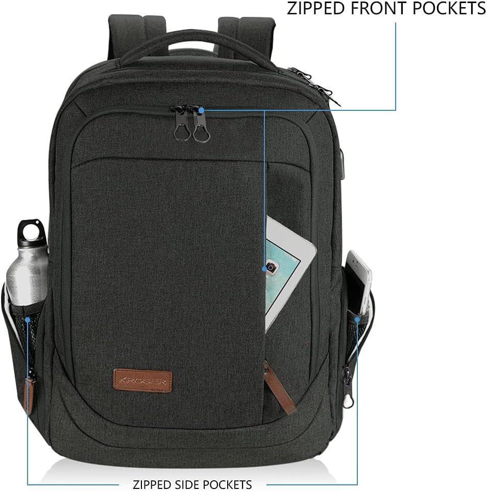 KROSER Laptop Backpack Large Computer Backpack Fits up to 17.3 Inch Laptop with USB Charging Port Water Repellent School Travel Backpack Casual Daypack for Business College Women Men Charcoal Black Me...
