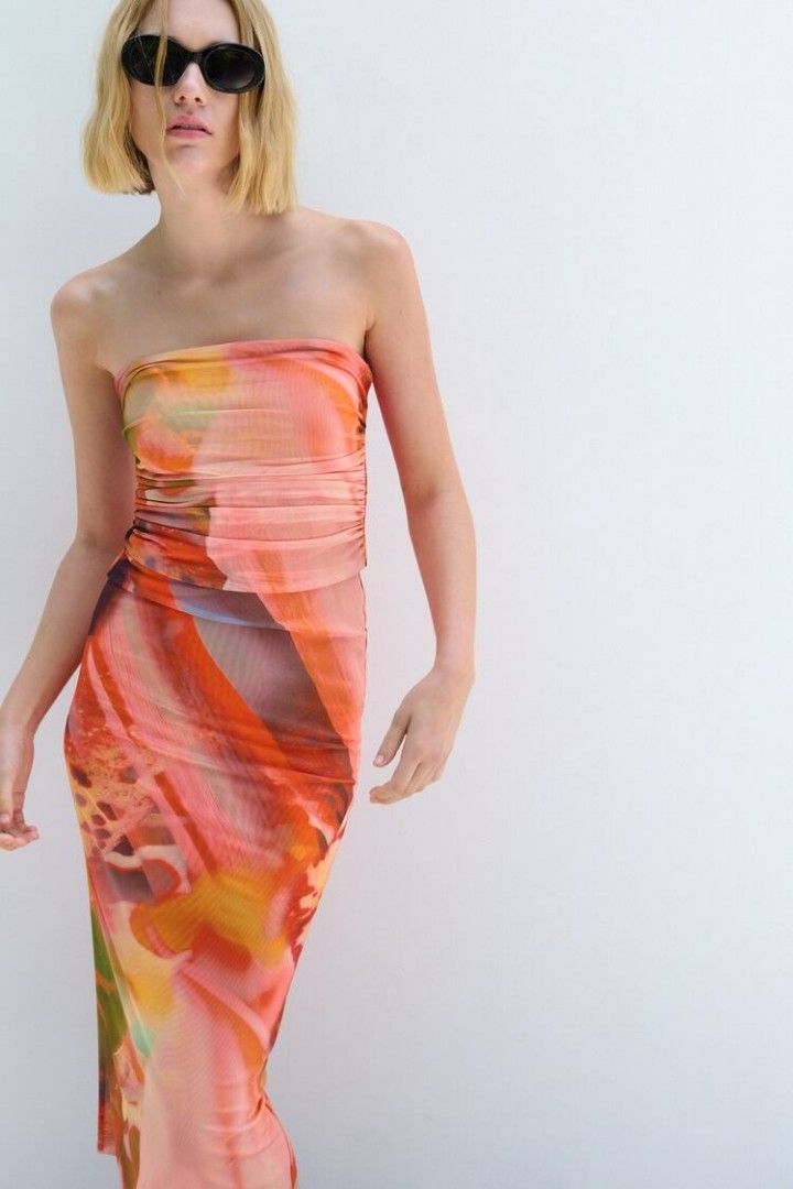 zara orange strapless dress zara mesh dress Zara