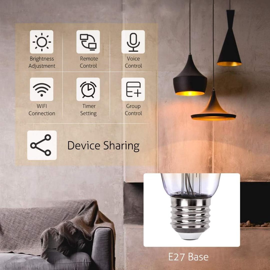MoKo Smart WIFI Edison Bulb ST64 1PACK E27 7.5W Dimmable LED Light Work with Alexa Echo Google Home Voice Remote Control Timer Function No Hub Required 2700K Warm White Light Tawny Furniture