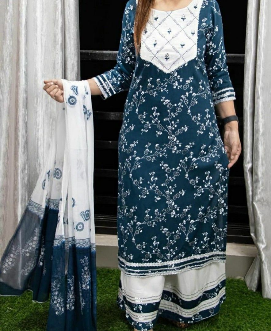jeevanadhi_ - Women's Chikankari Chiffon Kurta Set Fabric: Kurti - Cotton ,  Dupatta - Chiffon Sleeves: Sleeves Are Included Size: Kurti - 3XL - 46 in  ,4XL - 48 in, 5XL -