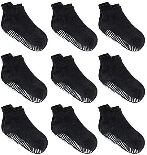 12 Pairs Non-Slip Toddler Socks With Grips for Baby Boys and Girls - Anti- Slip Ankle Socks for Infant's and Kids Black 6-12 Months 