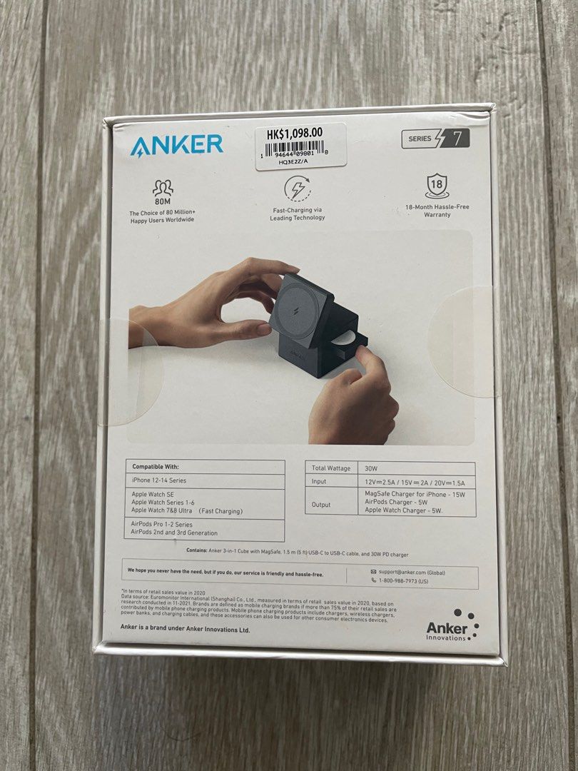 ANKER 3 in 1 cube with magsafe charger 充電器, 手提電話, 電話及