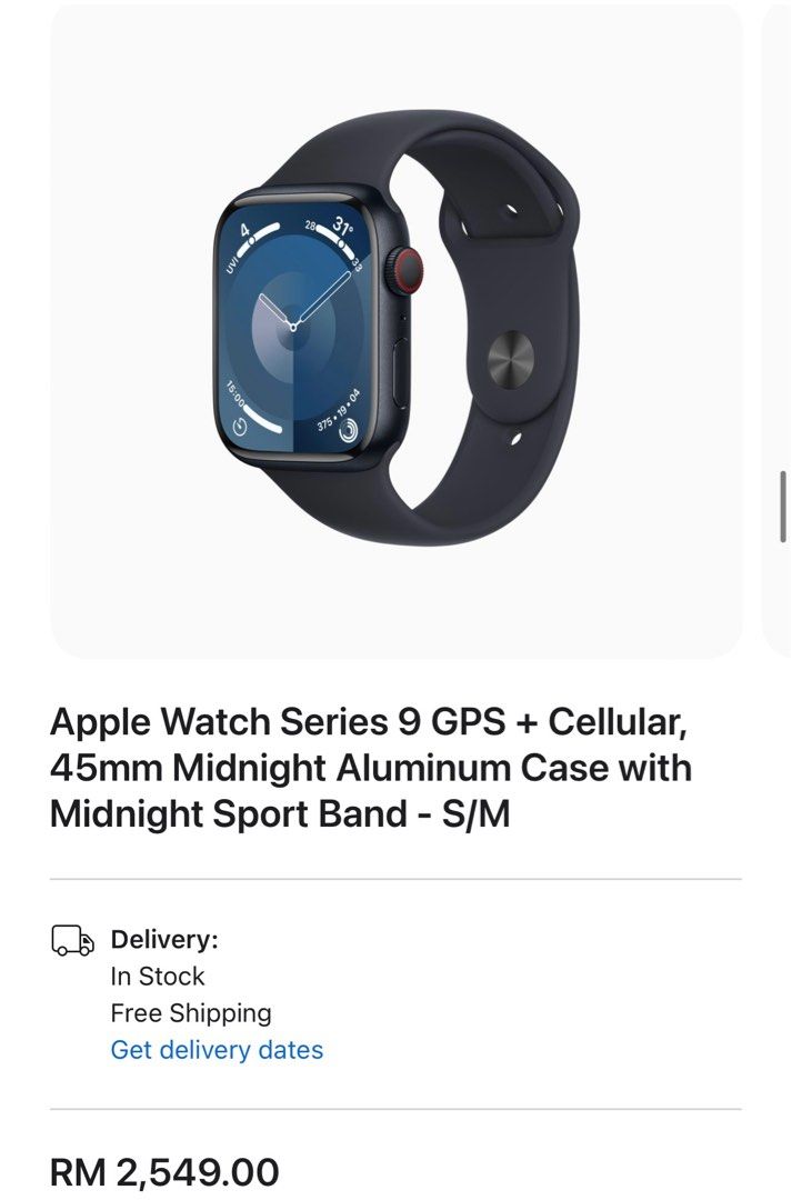 Apple Watch Series 9 GPS, 45mm Midnight Aluminum Case with Midnight Sport  Band - S/M