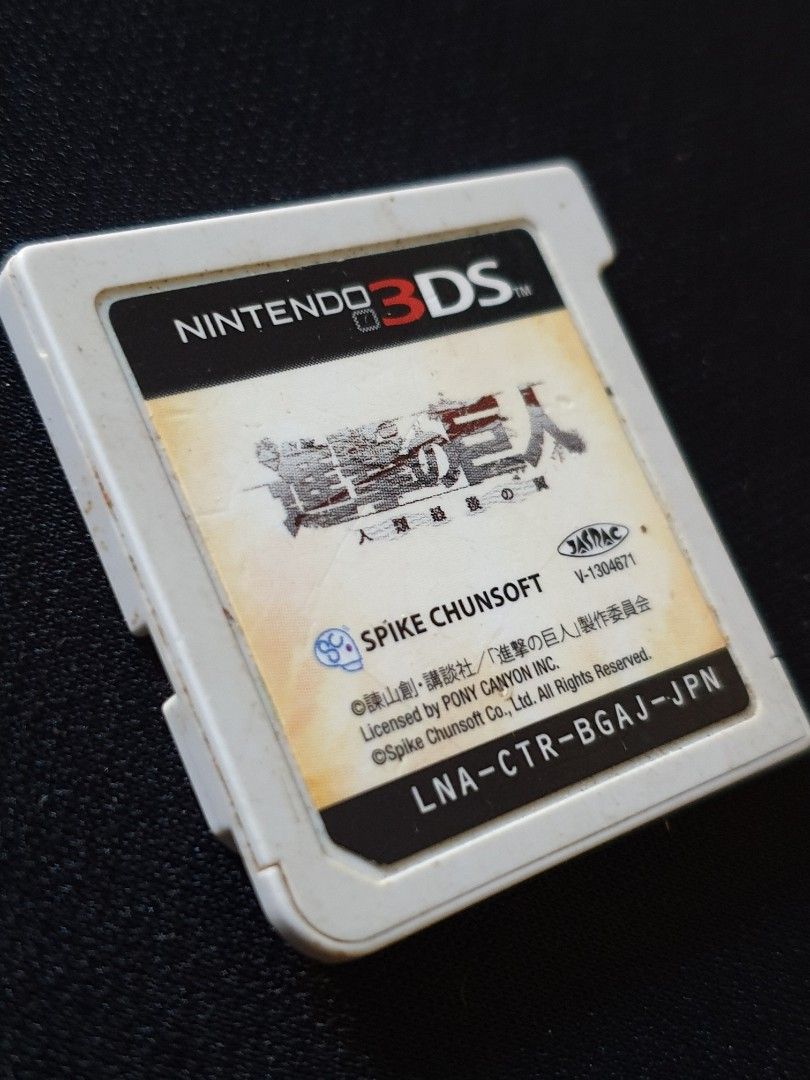 Attack on Titan -3DS Nintendo (Category: Nintendo) located in Las Pinas. Submitted by oldsthetics (Listing ID 1274448967, Image 2). Description: Attack on Titan The Last Wing of Humanity Japanese Console: Nintendo 3DS SPIKE CHUNSOFT ©Hajime Isayama/Kodansha/Attack on Titan Production Committee Licensed by PONY CANYON Used condition No console to test Loose / No case The cartridge may show signs of wear such as marks, scratches, or discoloration. 