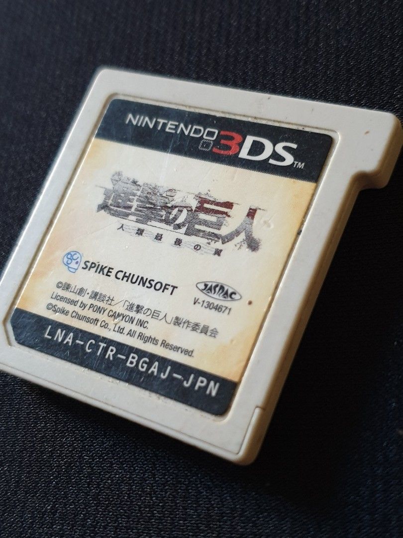Attack on Titan -3DS Nintendo (Category: Nintendo) located in Las Pinas. Submitted by oldsthetics (Listing ID 1274448967, Image 1). Description: Attack on Titan The Last Wing of Humanity Japanese Console: Nintendo 3DS SPIKE CHUNSOFT ©Hajime Isayama/Kodansha/Attack on Titan Production Committee Licensed by PONY CANYON Used condition No console to test Loose / No case The cartridge may show signs of wear such as marks, scratches, or discoloration. 