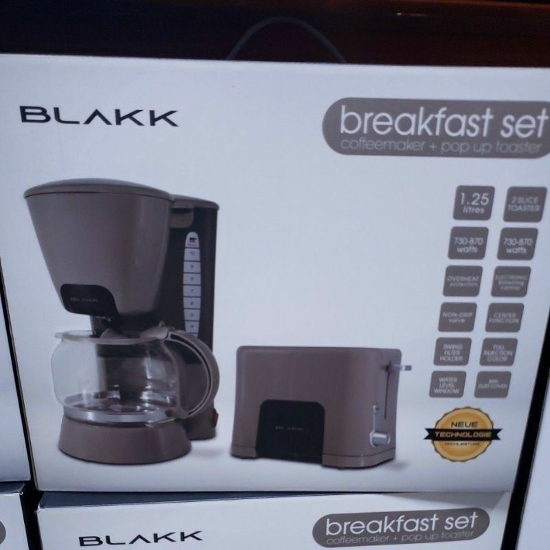 BLACKK breakfast set (Category: Coffee Machines & Makers) located in Manila. Submitted by ongjuliamae (Listing ID 1274420454, Image 3). Description: Brikk 1.5 Liter Coffee maker and 2 slice toaster Bread Toaster Bundle Value for money Breakfast bundle.