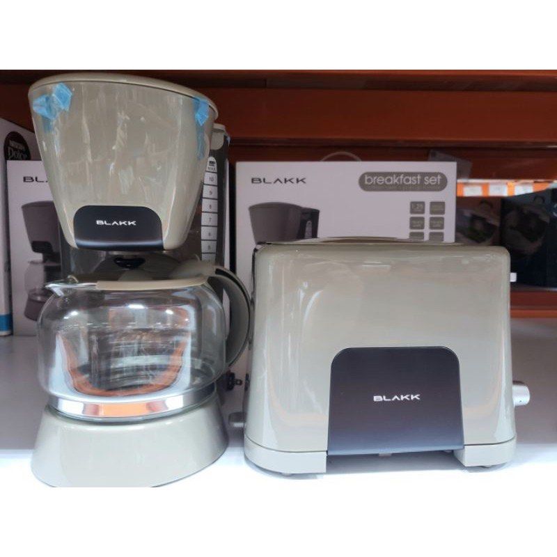 BLACKK breakfast set (Category: Coffee Machines & Makers) located in Manila. Submitted by ongjuliamae (Listing ID 1274420454, Image 1). Description: Brikk 1.5 Liter Coffee maker and 2 slice toaster Bread Toaster Bundle Value for money Breakfast bundle.