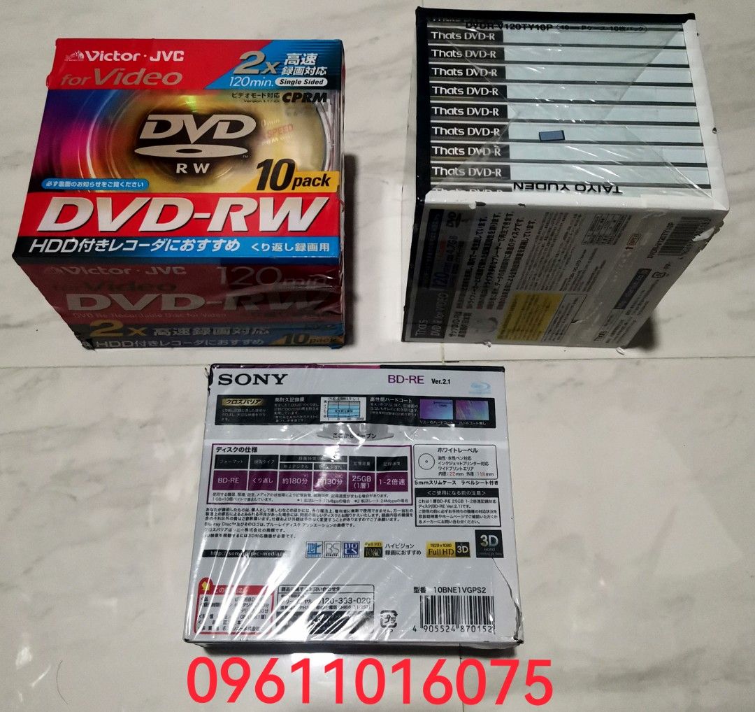 BLURAY_DVD-RW_DVD-R blank disc (Category: Portable Audio Accessories) located in Cebu City. Submitted by cebu_vintage_audio (Listing ID 1274529776, Image 2). Description: SONY 25GB BD-RE VICTOR DVD-RW THATS DVD-R All sealed from the factory Just pm for the price for each/pack.
