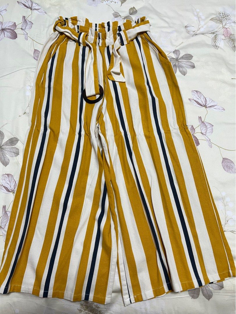 Cotton On multi colour stripe pants bottom flair broad casual yellow blue white belt strap