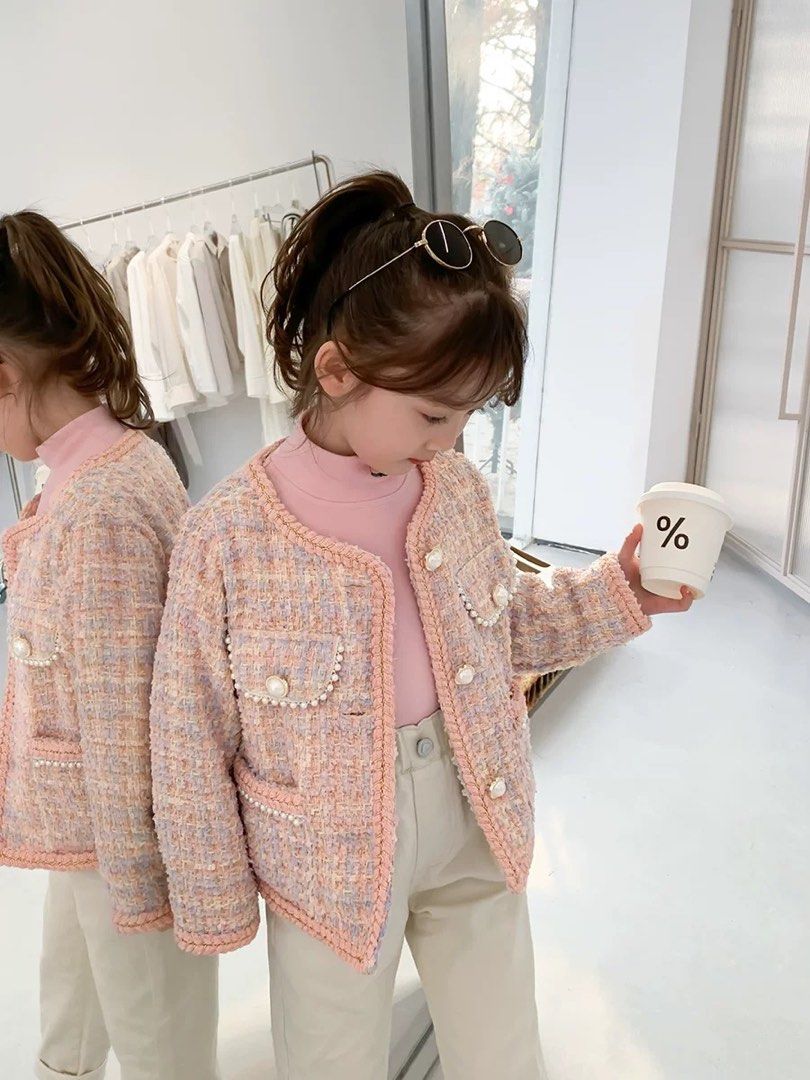 Girl Pink Tweed Pearl Jacket Babies Kids Babies Kids Fashion