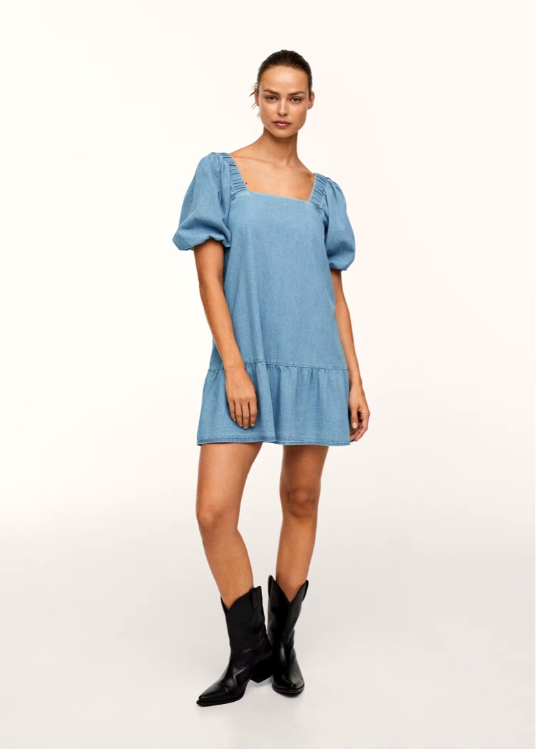 mango denim dress with puffed sleeves Mango Puff Sleeve Tie Belt Denim Shirt Dress In Light Blue - 60% Off