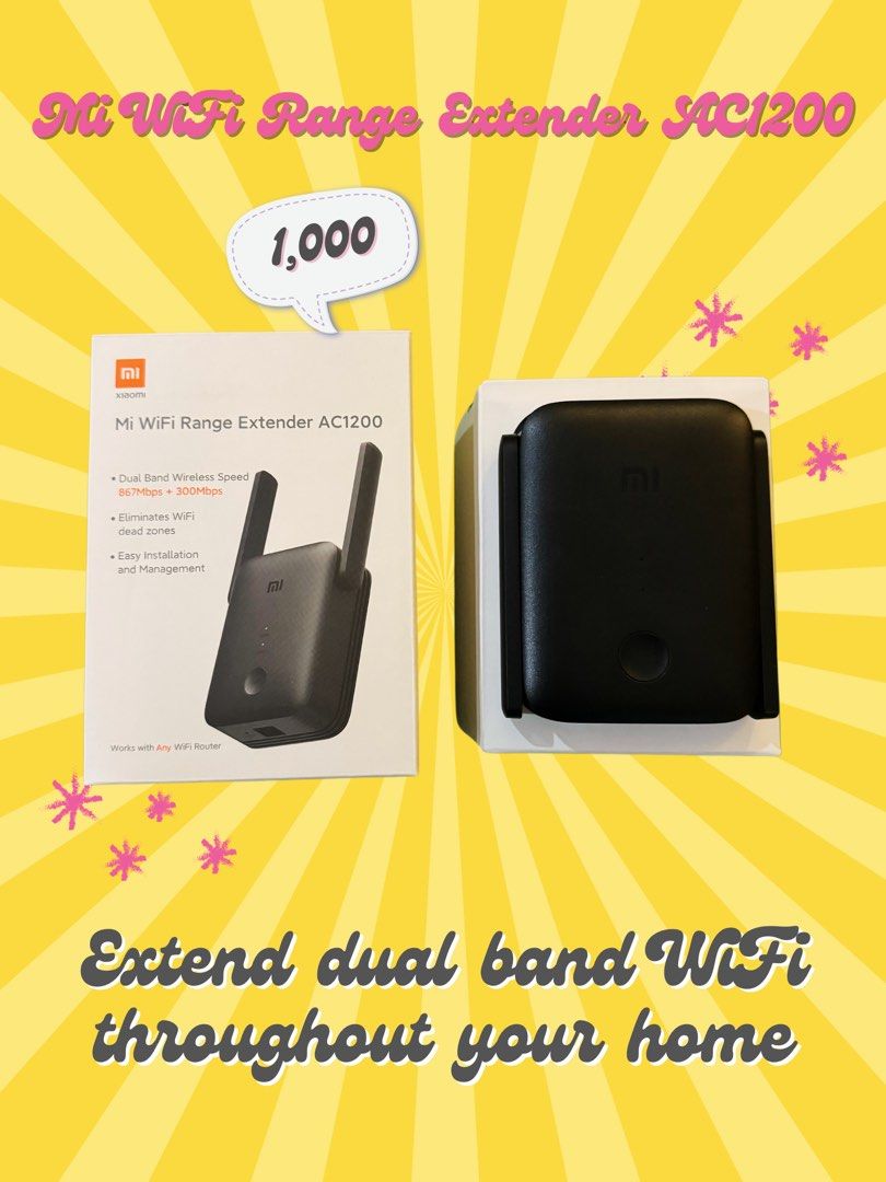 Mi WiFi Range Extender AC1200 (Category: Networking) located in Rizal. Submitted by chewkingg (Listing ID 1274609443, Image 1). Description: 💖 Reasons to get a range extender: Thick walls, bad WiFi signal No WiFi in certain rooms Constant network buffering 💖 High-speed WiFi throughout your home: Mi WiFi Range Extender lets you increase and improve your existing WiFi signal. The 2.5GHz and 5GHz dual bands reach a combined speed of up to 1200 Mbp