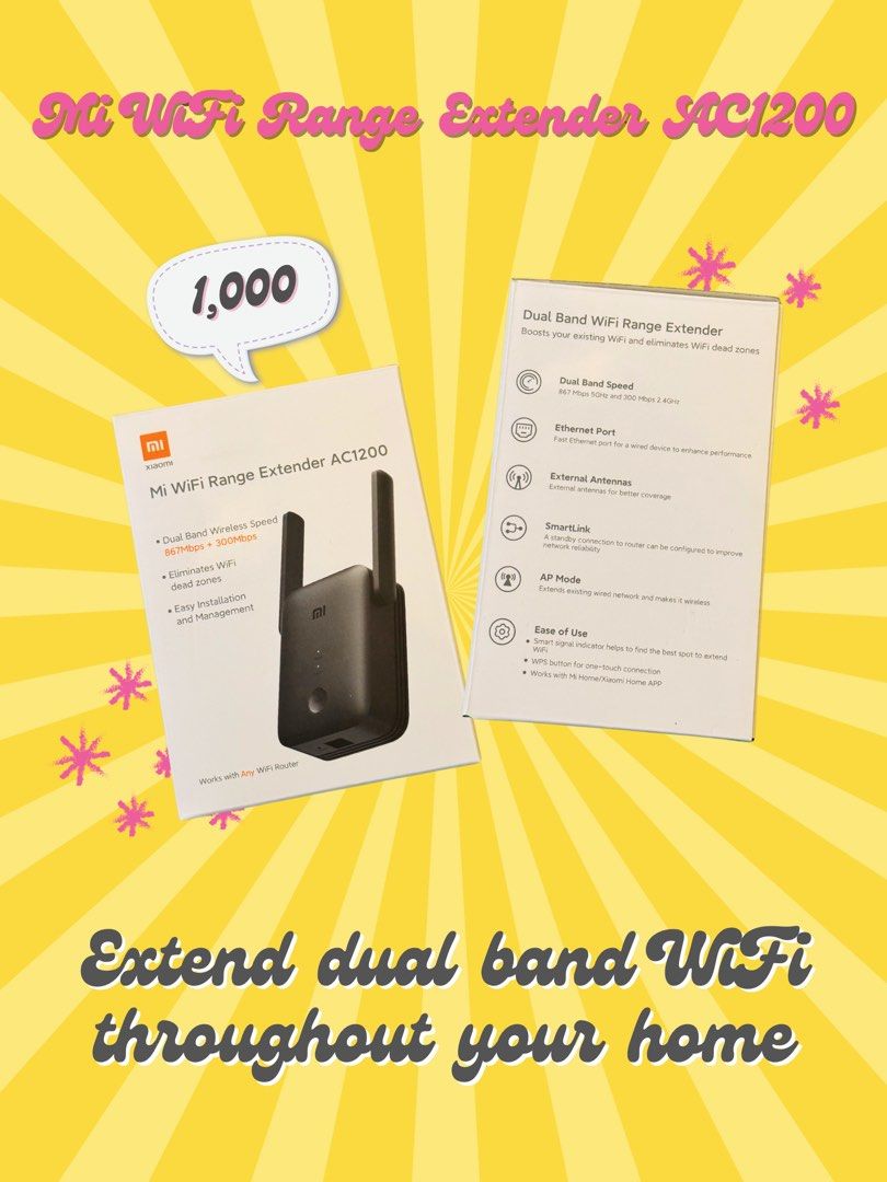 Mi WiFi Range Extender AC1200 (Category: Networking) located in Rizal. Submitted by chewkingg (Listing ID 1274609443, Image 2). Description: 💖 Reasons to get a range extender: Thick walls, bad WiFi signal No WiFi in certain rooms Constant network buffering 💖 High-speed WiFi throughout your home: Mi WiFi Range Extender lets you increase and improve your existing WiFi signal. The 2.5GHz and 5GHz dual bands reach a combined speed of up to 1200 Mbp