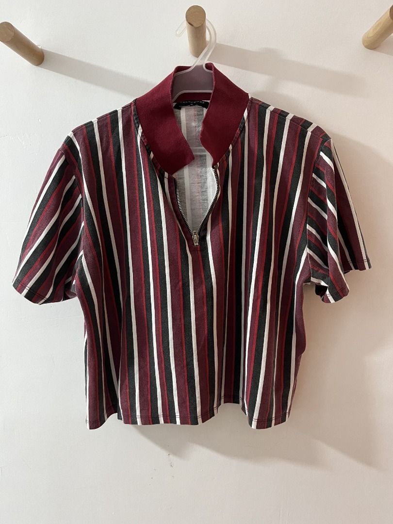 Penshoppe red white striped cropped collared shirt Women s Fashion Tops Shirts on Carousell