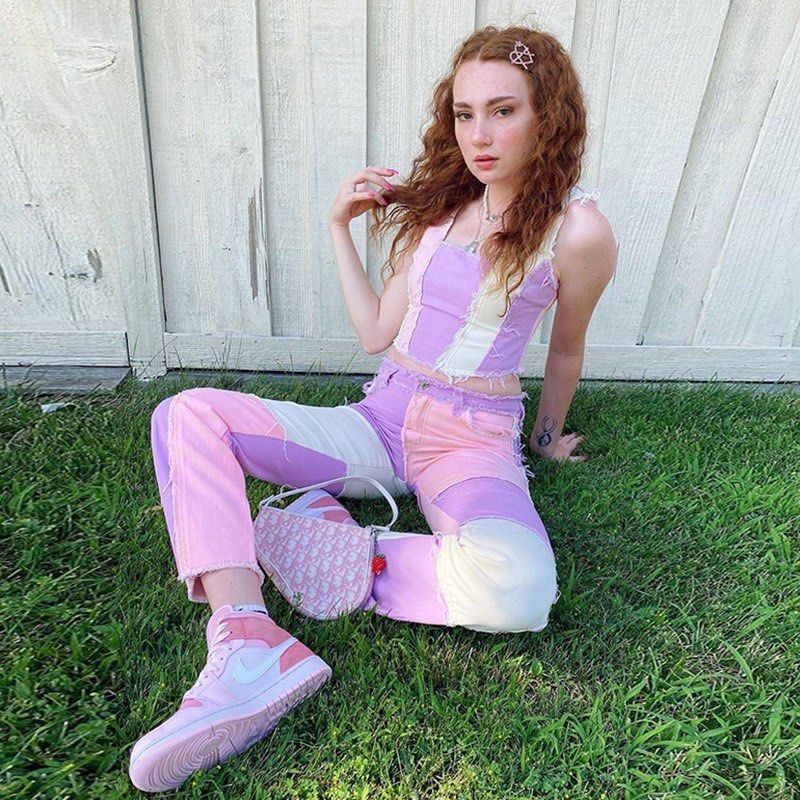 Pink hot sale patchwork jeans