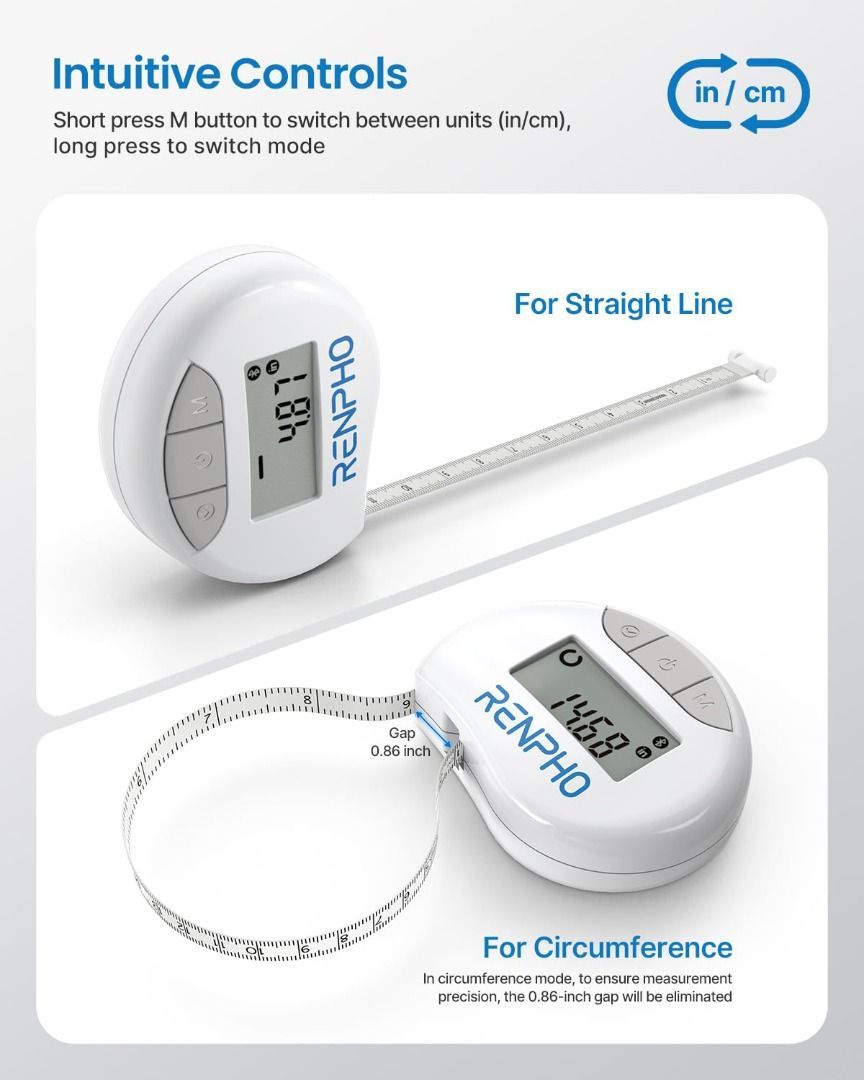 Smart Tape Measure Body with App - RENPHO Bluetooth Measuring Tapes for  Body Measuring, Weight Loss, Muscle Gain, Fitness Bodybuilding,  Retractable, Measures Body Part Circumferences, Inches & cm, Health &  Nutrition, Medical