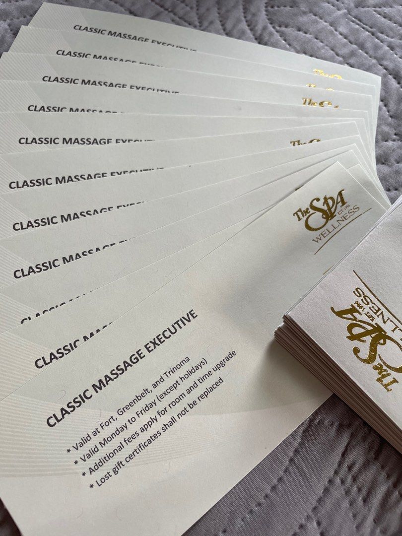 The Spa Gift Certificates (Category: Store Credits) located in Makati City. Submitted by glamorous_finds (Listing ID 1268369112, Image 1). Description: The Spa Gift Certificates - The Executive rooms are private rooms with access to the common wet floor area. Available at Alabang, Greenbelt, Trinoma and BGC. - No expiry dates - Updated price is Ps 1,705 each and selling it for Ps 1,250 each (fixed price) - Please see terms and conditions .