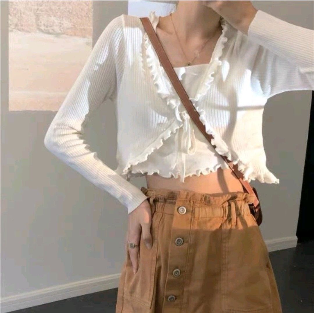 White ruffle cardigan sales