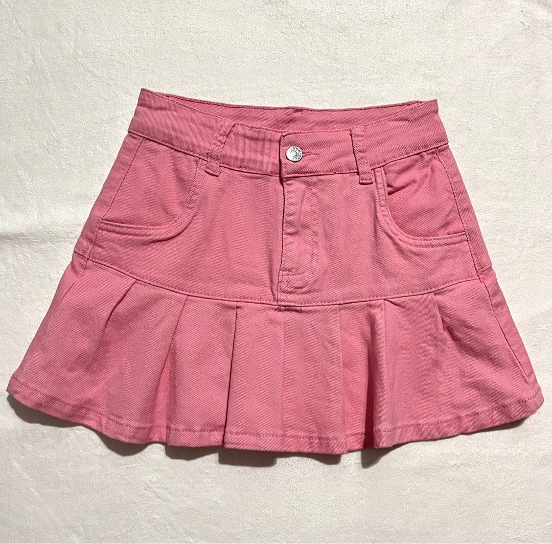 y2k cute pink pleated mini denim skirt with pleats ruffles