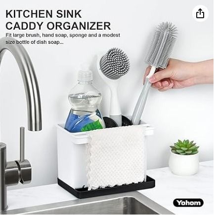 YOHOM Kitchen Sponge Brush Holder for Sink Black Dish Sponge Caddy Countertop Organizer Plastic Scrub Brush Holder with Dividers