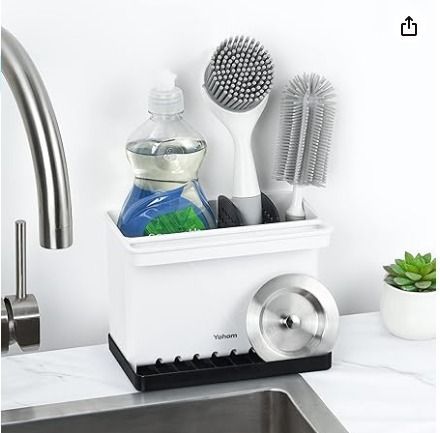 YOHOM Kitchen Sponge Brush Holder for Sink Black Dish Sponge Caddy Countertop Organizer Plastic Scrub Brush Holder with Dividers