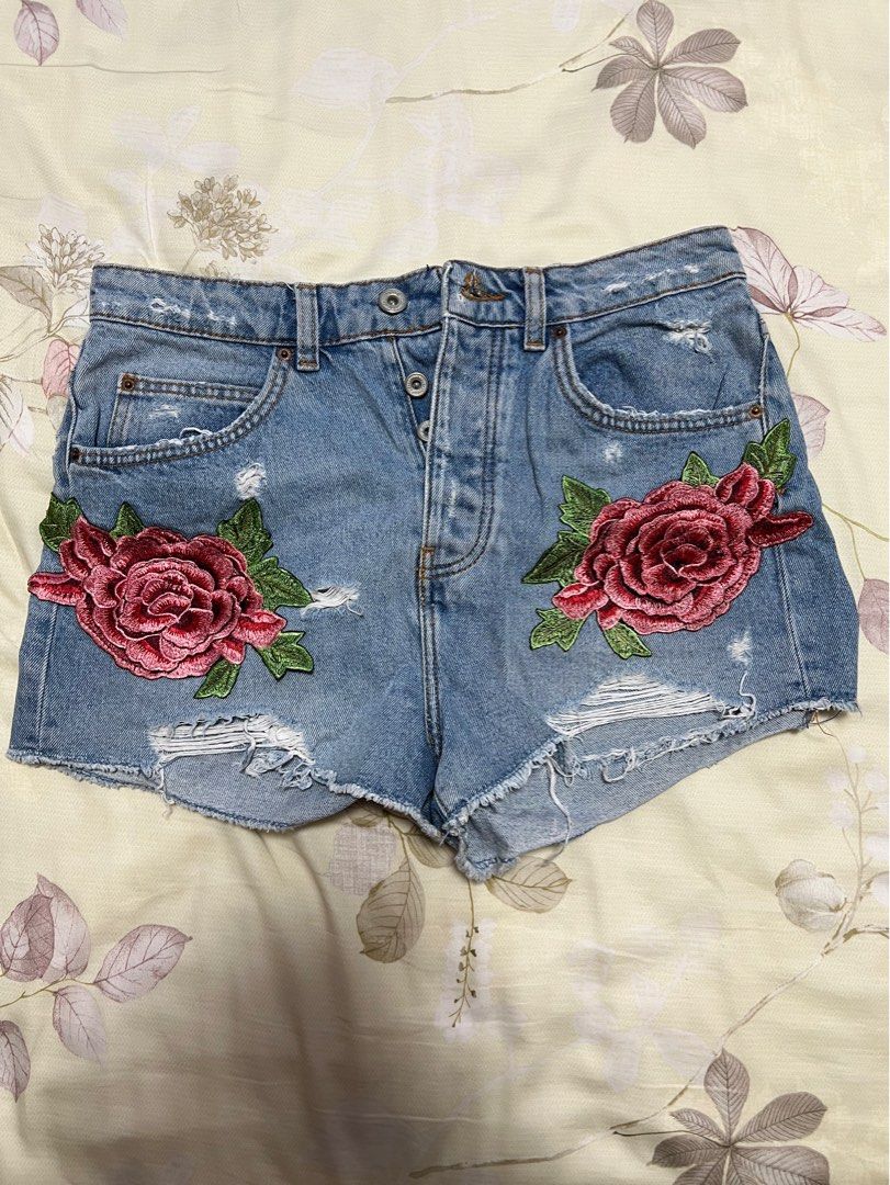 Zara denim shorts bottom short embroiddered rose summer flower floral casual ripped hot shorts