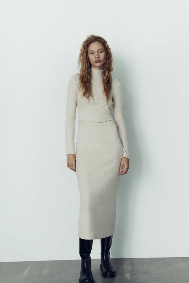 ZARA knit long dress with turtleneck in cream