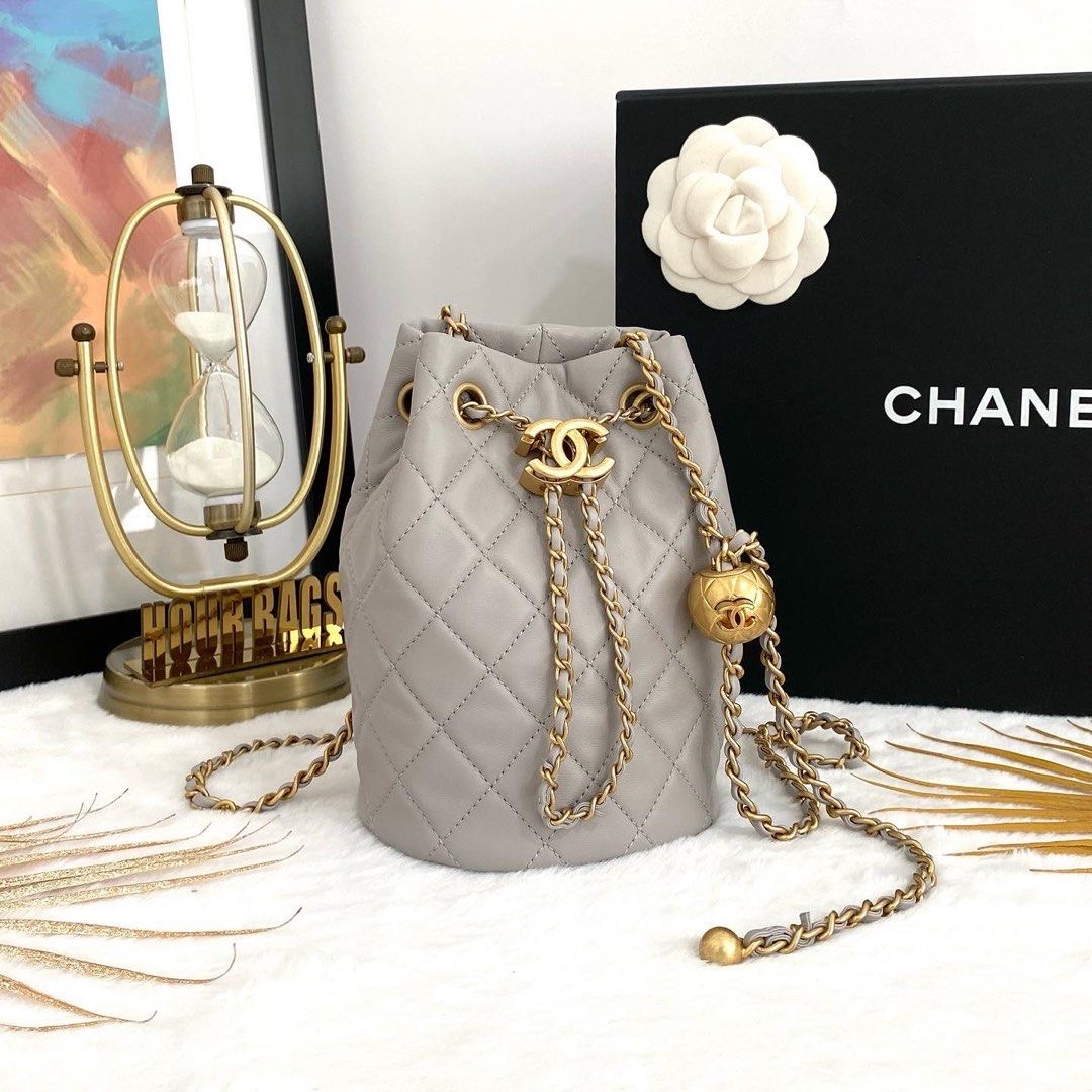 Authentic Chanel Grey Quilted Lambskin Drawstring Pearl Crush