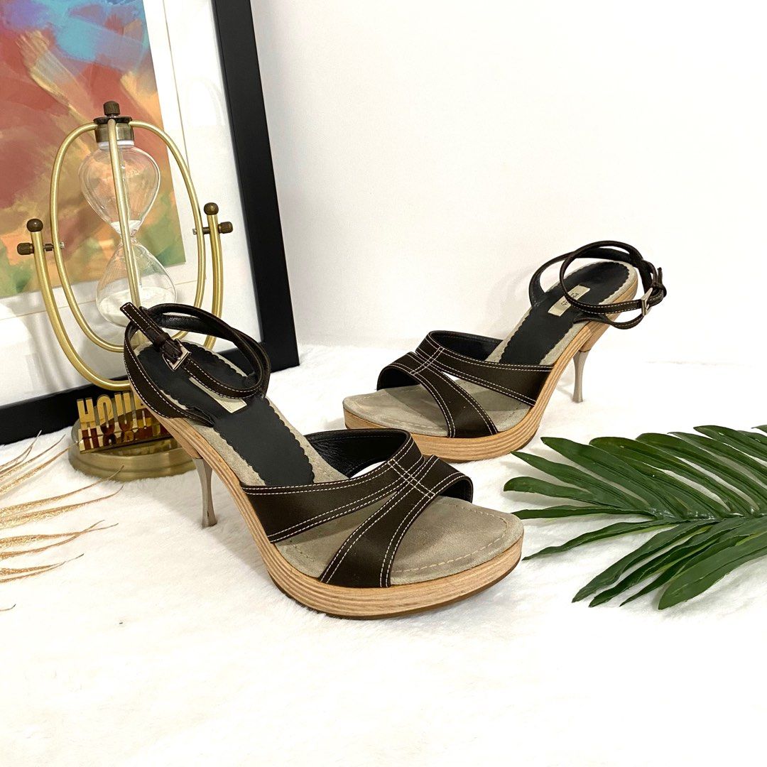 Authentic Prada Dark Brown Satin Open Toe Ankle Strap Heels