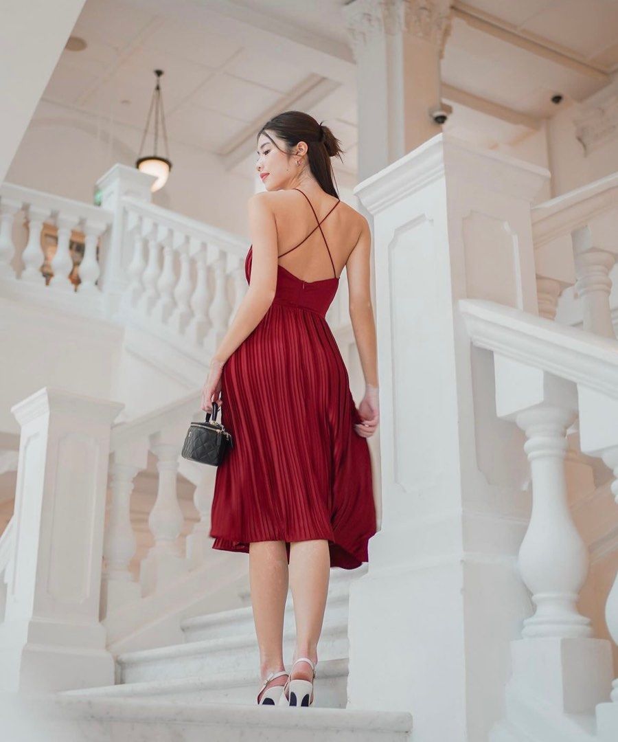 Red pleated midi store dress