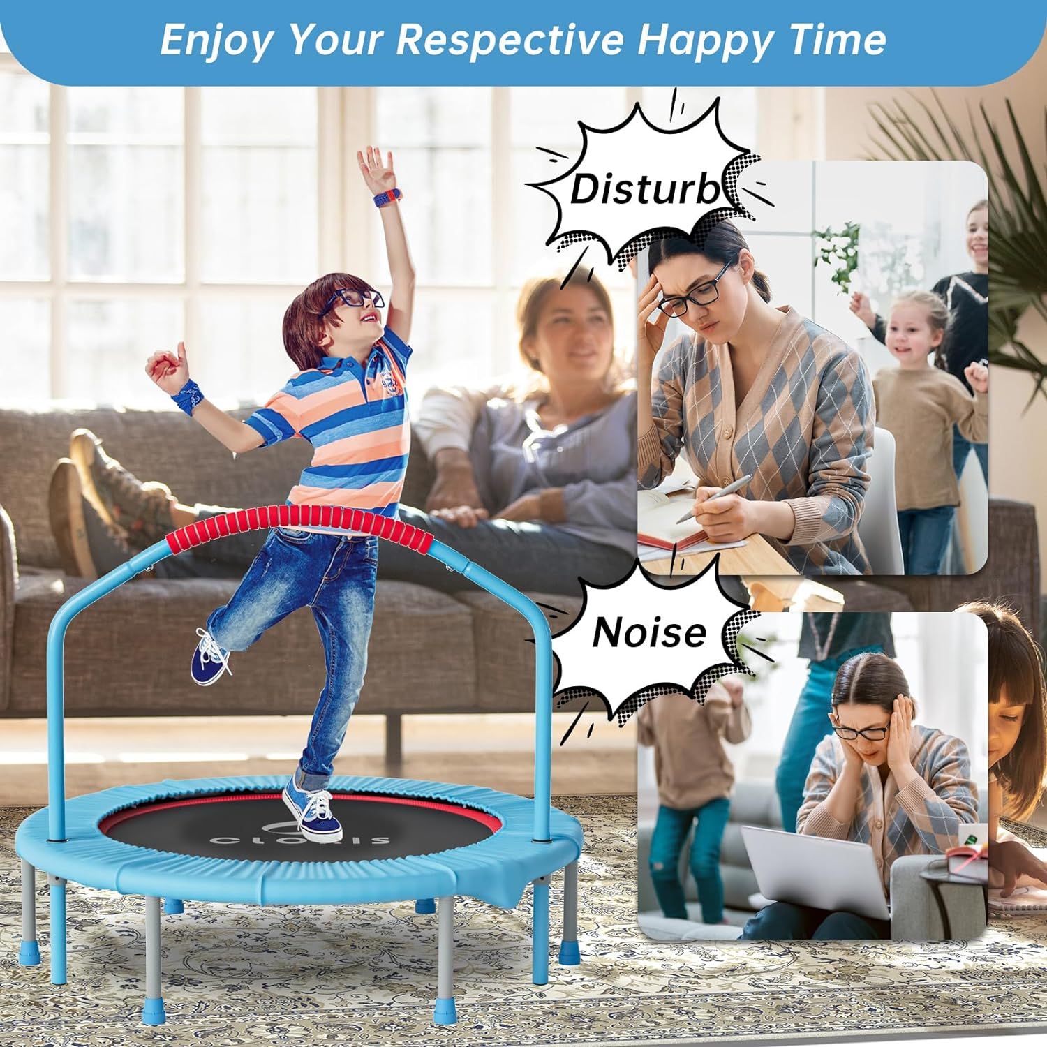 CLORIS 38 Inch Folding Trampoline Mini Rebounder Fitness Trampoline with Adjustable Foam Handle for Kids with safty Padded Cover Best Gift for Kids Hobbies Toys Toys Games on Carousell