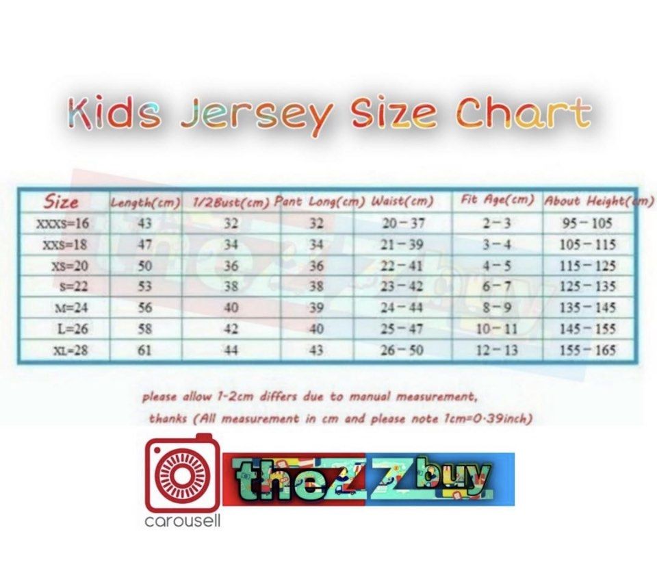 Child jersey hotsell size chart