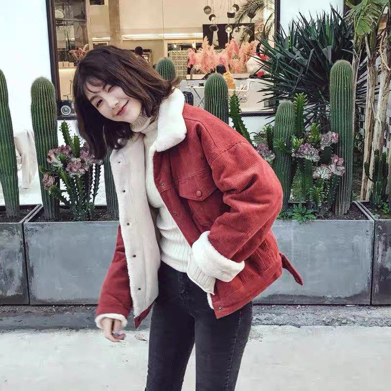 Red fur clearance denim jacket