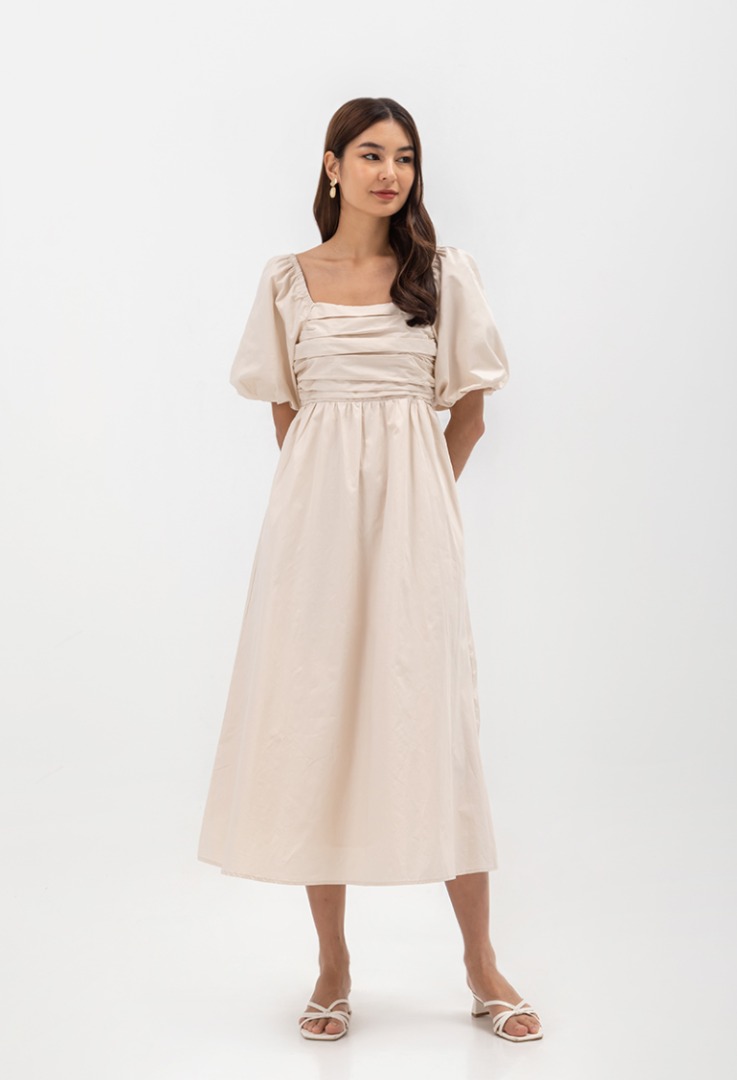 LILY FLUTTER SLEEVE ELASTIC WAISTBAND MIDI DRESS