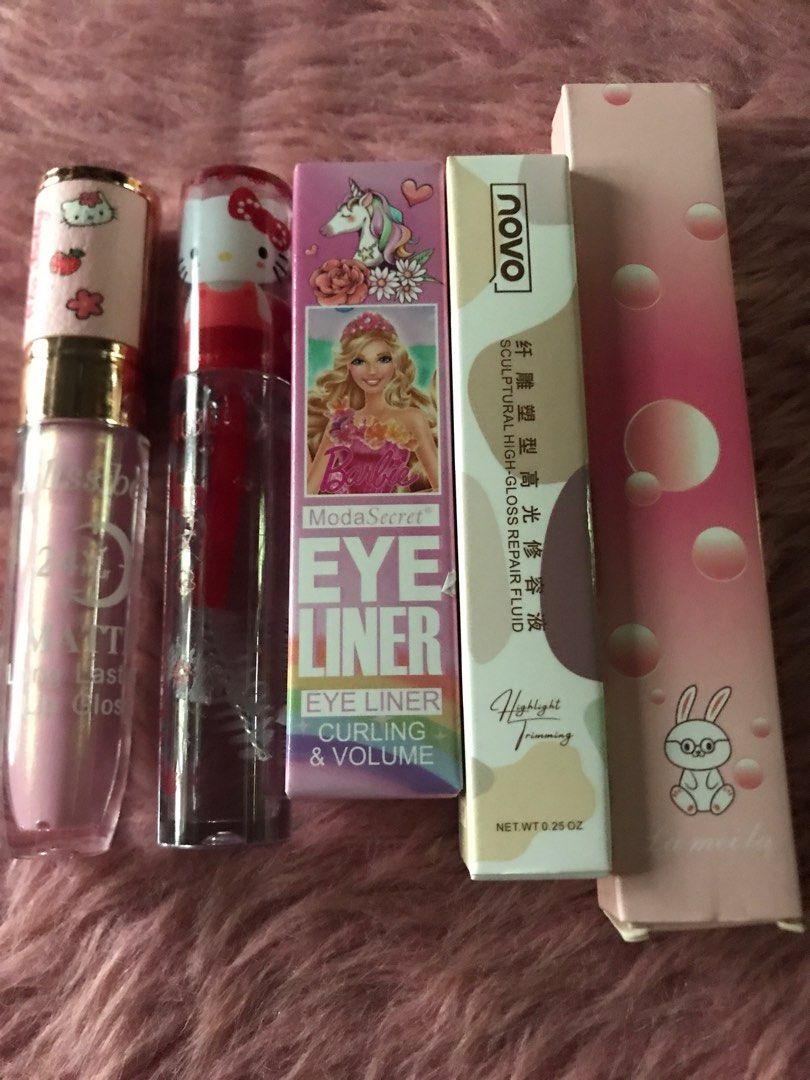Makeup Bundle No.1 (Category: Makeup) located in Baler. Submitted by coffeebooks (Listing ID 1274153031, Image 1). Description: -Hello Kitty Clear Mascara -Barbie Black Eyeliner -Miss betty 24hour Matte Long Lasting Lip Gloss (light pink) -Novo Sculptural High- Gloss Repair Fluid -lameila silky mist holding makeup lip liner.