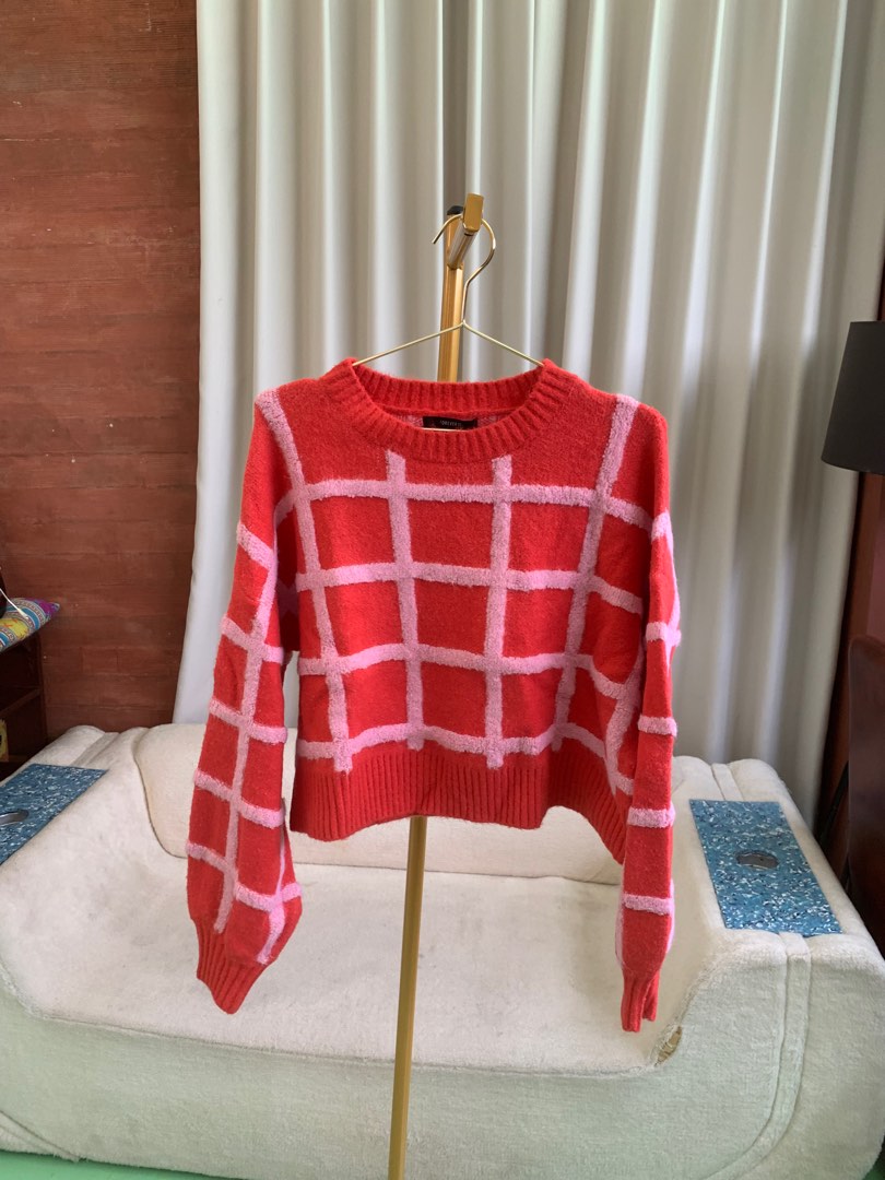 Red Plaid Sweater FOREVER 21 Fesyen Wanita Pakaian Wanita
