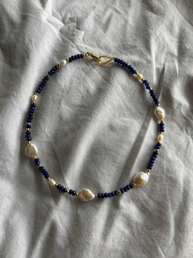 STAR Dark blue stone beaded necklace with gold plated beads and