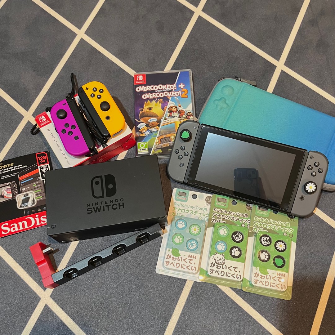 Switch灰(電力加強版)+Joy-con紫橘+128Gb SD卡等配件, 電玩遊戲, 電子