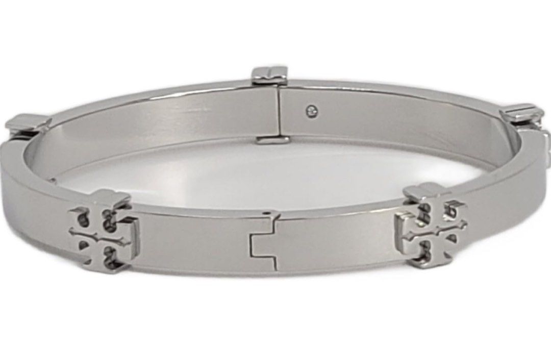 Tory Burch Silver Tone Classic Logo Hinge Bangle Bracelet Luxury