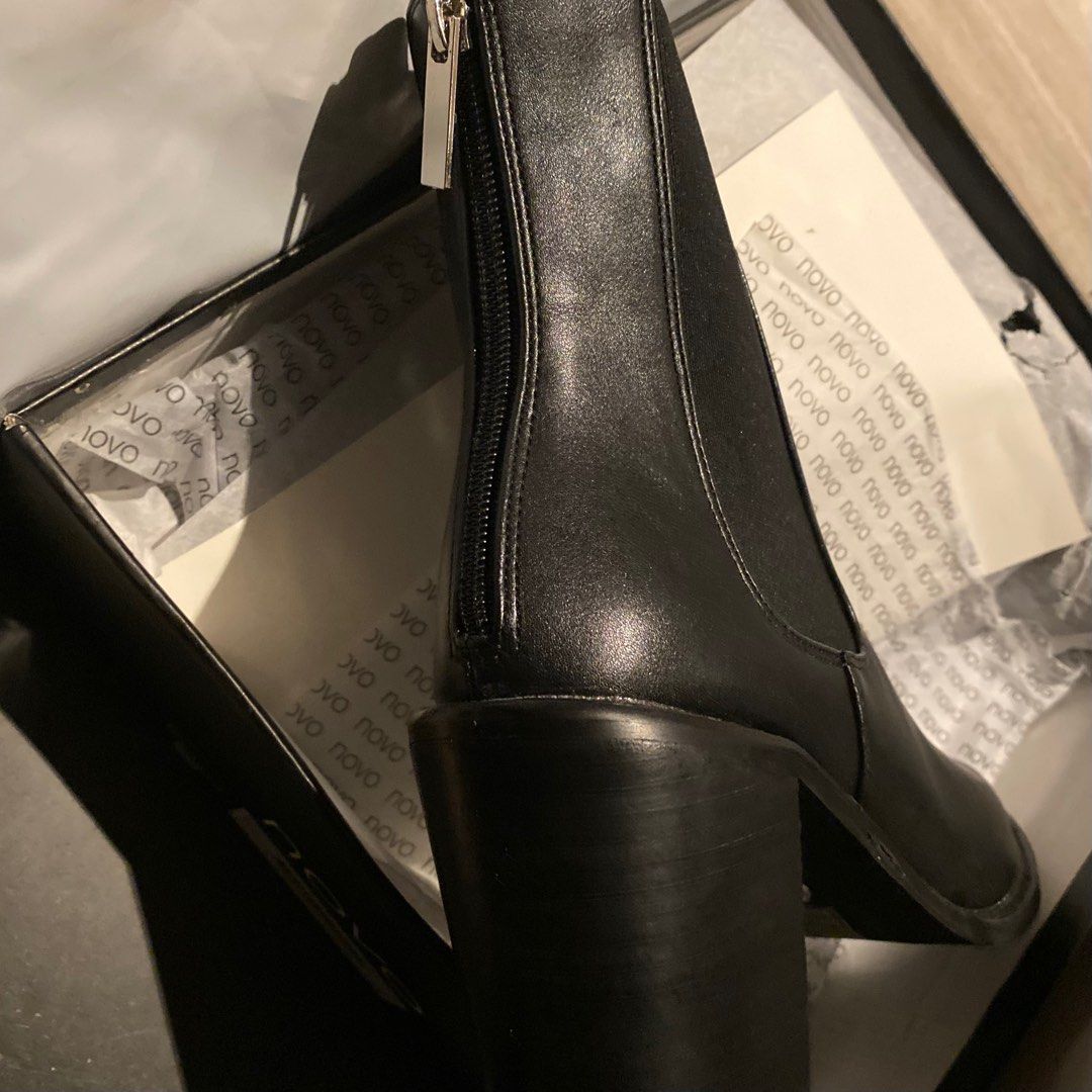 US8/9 🇺🇸Novo Leather Booties英倫風粗跟尖頭短靴中筒高跟鞋馬丁黑色