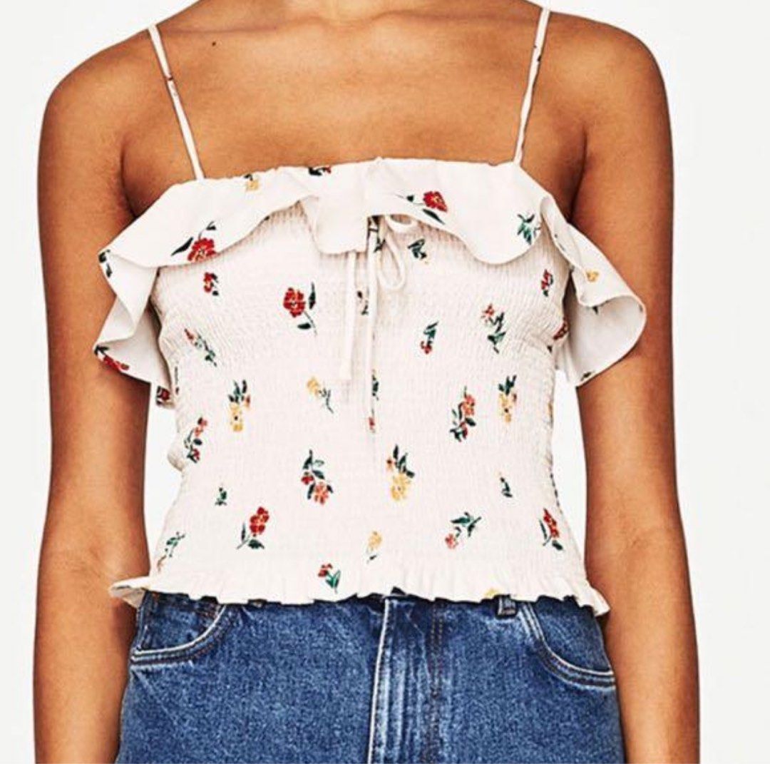 Zara blush smocked floral spaghetti strap top (Category: Sleeveless) located in Taguig. Submitted by kimynie (Listing ID 1274773673, Image 2). Description: - Very flattering and dainty - fits S-M - retails almost 2,000 - blush color in actual - smocked details and thin spaghetti straps ensure flattering fit - used a few times only 💰 Payment options: - gcash - bank transfer to BPI account 🚚 Shipping fee c/o buyer Shipping options: - sh0pee check