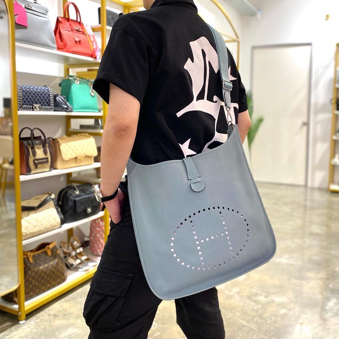 Authentic Hermes Greyish Blue Togo Leather Evelyne TGM Size in Palladium Hardware