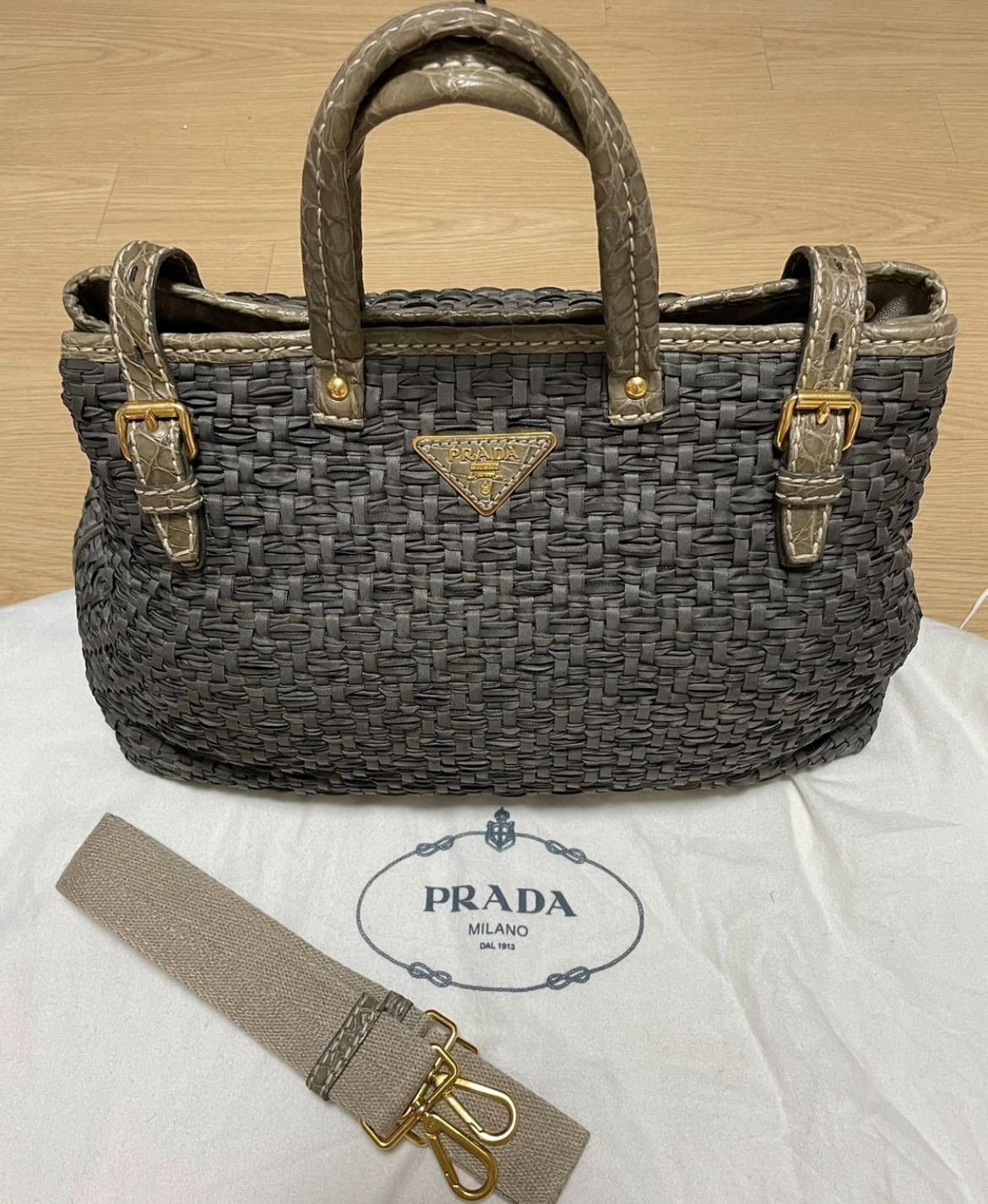 Prada Very rare Luxury crossbody tote shoulder bag Tessuto Woven Satchel Khaki color