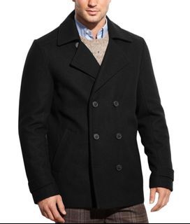 CALVIN KLEIN Double-breasted Wool Blend Peacoat Trench Winter Coldgear Black Jacket Size Large Mens