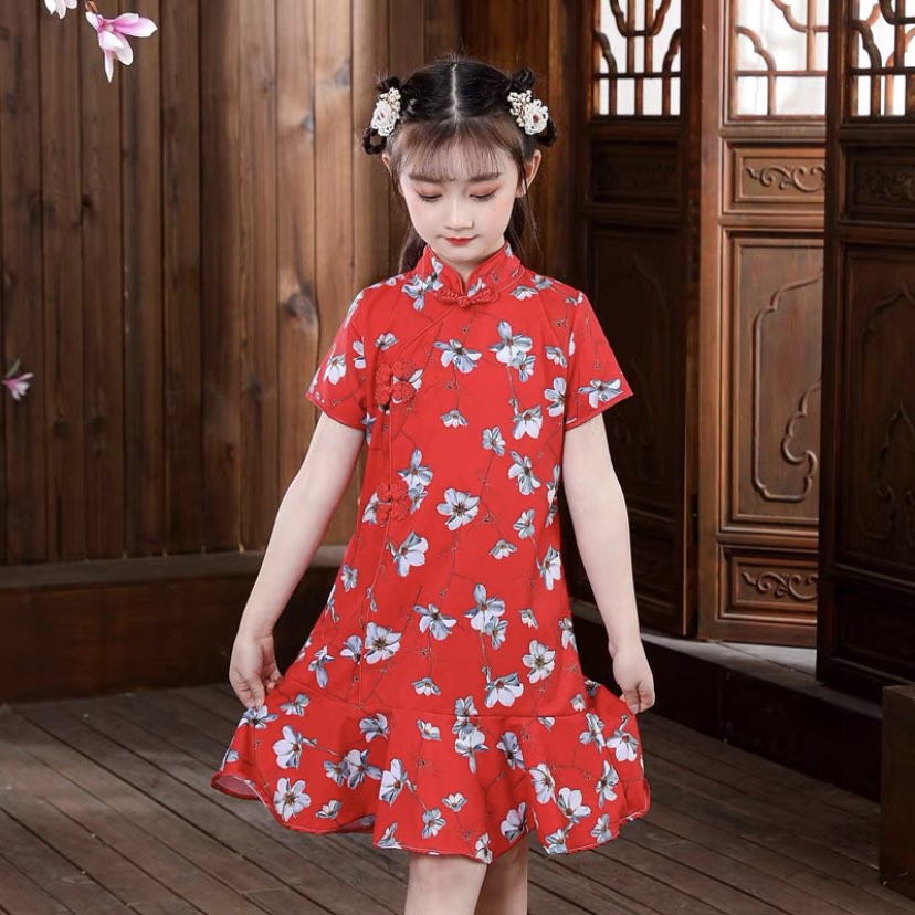 Children Kids Red Cheongsam Dress Summer Girl Princess Dress
