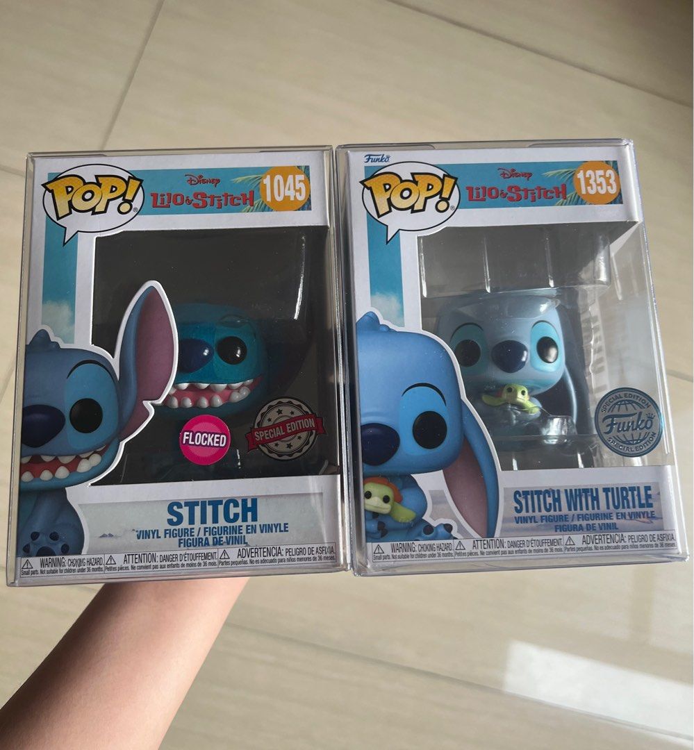 FUNKO POP STITCH WITH TURTLE AND STICH FLOCKED (LIMITED EDITION), Hobbies & Toys, Toys & Games